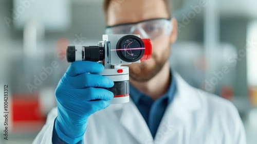 A scientist in a lab coat uses a laser tool for precise measurements in a laboratory setting, showcasing advanced technology.
