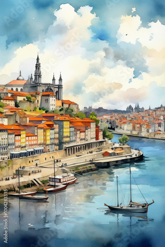 A beautiful watercolor drawing in neutral colors of Porto Portugal landscape