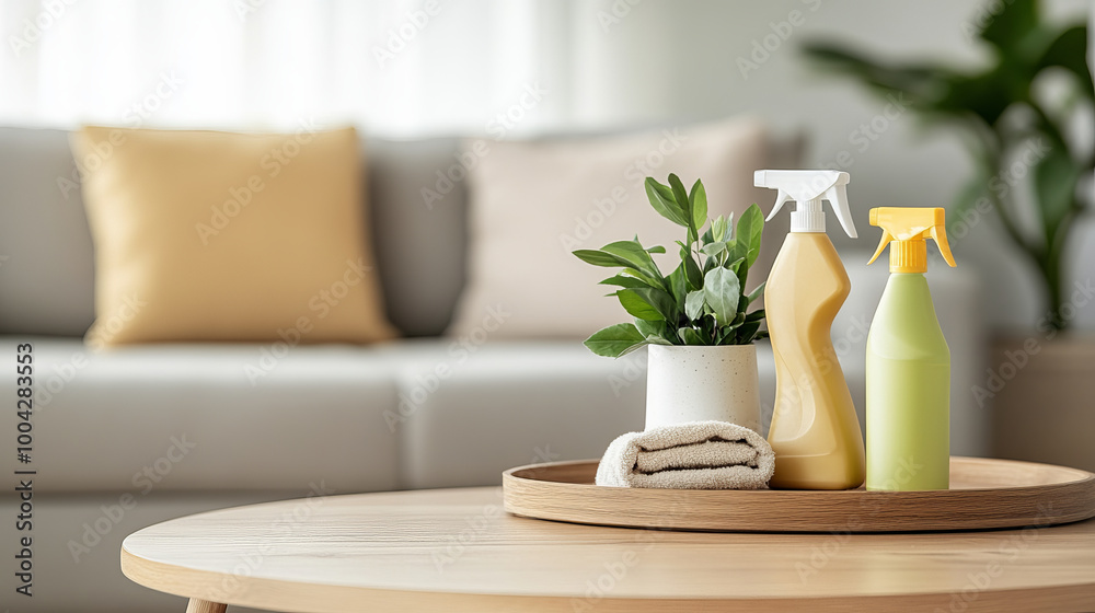 Fresh cleaning supplies and potted plant are arranged on wooden tray, creating tidy and inviting atmosphere in modern living room. soft colors and natural elements enhance serene environment