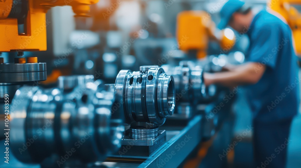 Fototapeta premium A technician works on precision machinery in a modern manufacturing facility, showcasing advanced engineering processes.