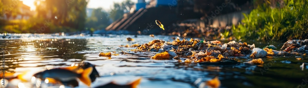 Tranquil river scene with autumn leaves and sunlight reflecting on the water. Tranquil river scene with autumn leaves and sunlight reflecting on the water.