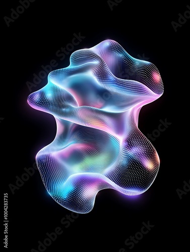 Abstract glowing mesh structure in vibrant colors on a dark background. A minimalist poster in metallic and chrome gradient style.