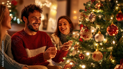 Friends joyfully decorating a Christmas tree together, surrounded by festive lights and warm holiday atmosphere