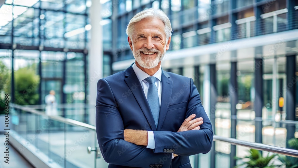 Portrait of successful senior businessman consultant looking at camera and smiling inside modern office building Portrait of successful senior businessman consultant looking at camera and smiling inside modern office building