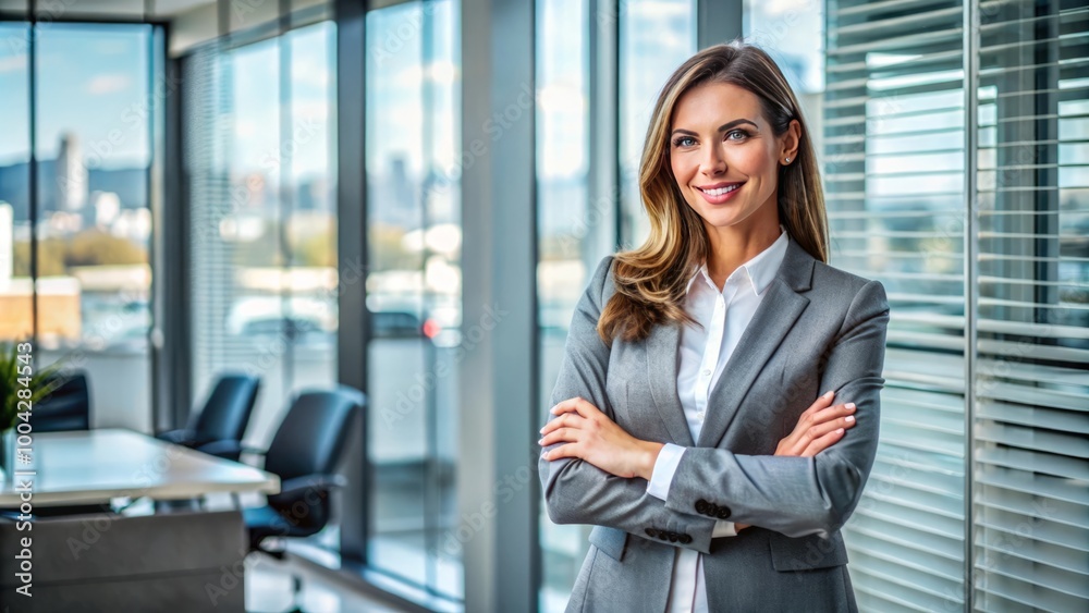 Portrait of successful business woman inside office, standing with arms crossed