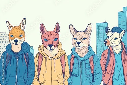 Minimalistic urban therians in hoodies modern city street art concept