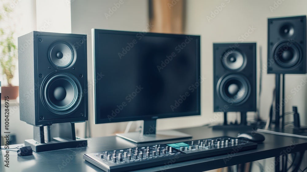A modern home office setup featuring a sleek monitor and high-quality speakers, perfect for productivity and sound design. A modern home office setup featuring a sleek monitor and high-quality speakers, perfect for productivity and sound design.