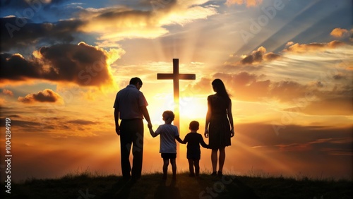 Silhouette, family and Christian cross for praying, religion and funeral social gathering