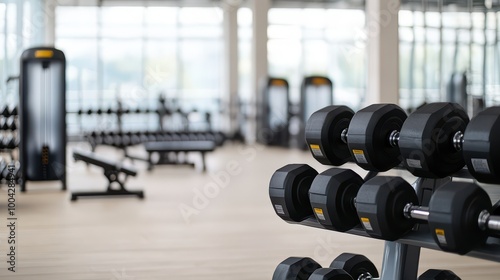 A modern gym interior featuring a set of dumbbells on a rack, with fitness equipment in the background, well-lit and spacious.