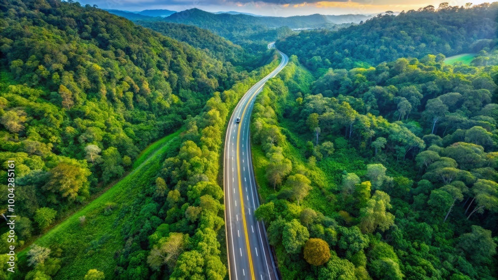 Fototapeta premium Highway, road and drone view of a path through the forest for vacation, adventure and transportation. Clean, green and jungle landscape for environment, sustainability and ecology background