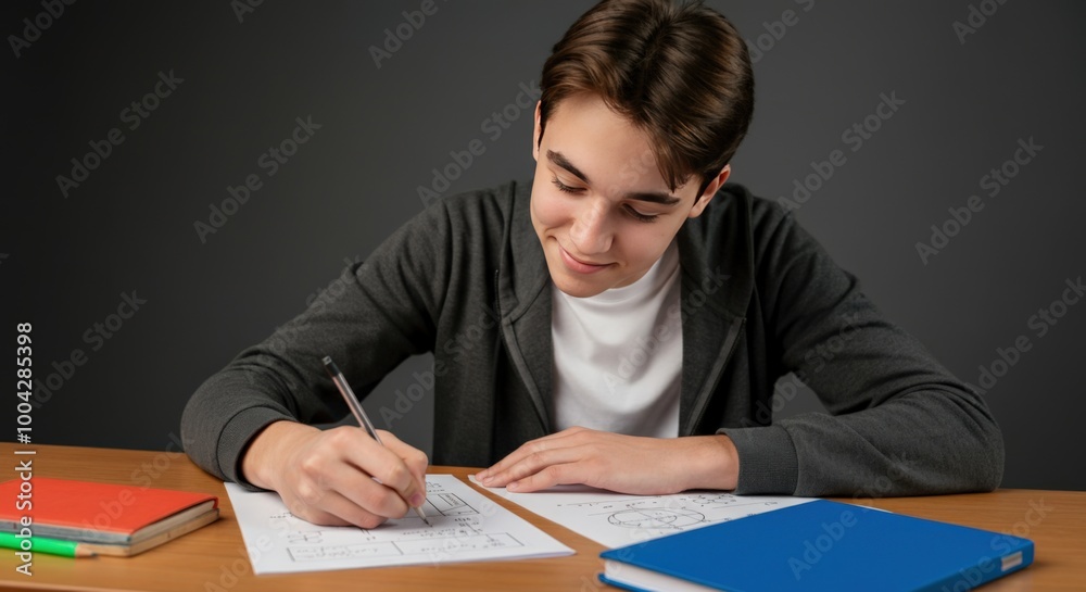Student working on his homework, sitting at a desk. Student working on his homework, sitting at a desk.