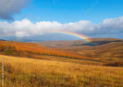 A rainbow is seen in the sky above a field of yellow grass