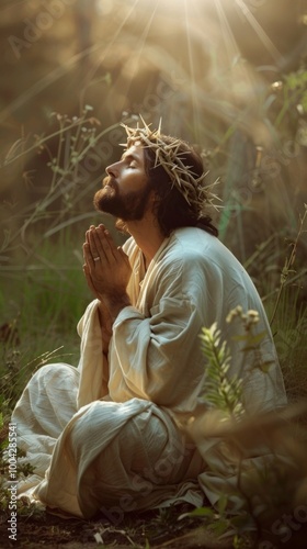 Jesus, in a white robe and crown of thorns, sits peacefully in a natural setting, eyes closed in prayer. The serene imagery radiates tranquility and prayerfulness under warm sunlight. photo