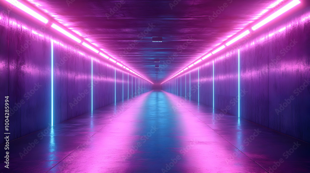 Neon Lights in a Glowing Corridor 3D Illustration