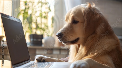 Golden retriever using laptop at home office with natural light and plants