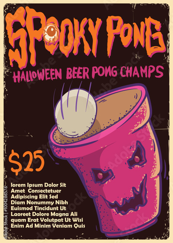 spooky pong. halloween beer pong challange poster concept. hand written text vintage style halloween poster template vector illustration.