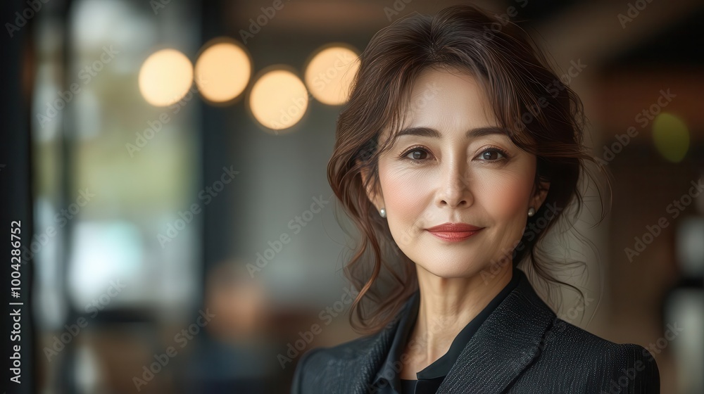 portrait of a confident japanese businesswoman in her 50s dressed in a sharp suit standing against a polished office background embodying professionalism