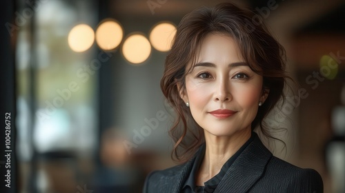 portrait of a confident japanese businesswoman in her 50s dressed in a sharp suit standing against a polished office background embodying professionalism