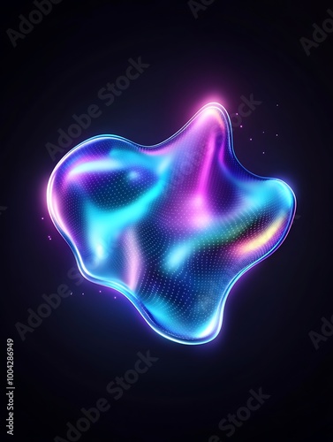 Abstract luminous shape with vibrant colors on dark background, ideal for modern designs. A minimalist poster in metallic and chrome gradient style.