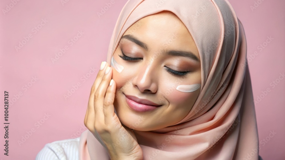 Serene Woman in Hijab Applying Creamy Facial Product During Self-Care Routine with Pink Background