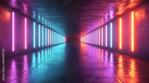 3D Neon Lights Tunnel Abstract Background