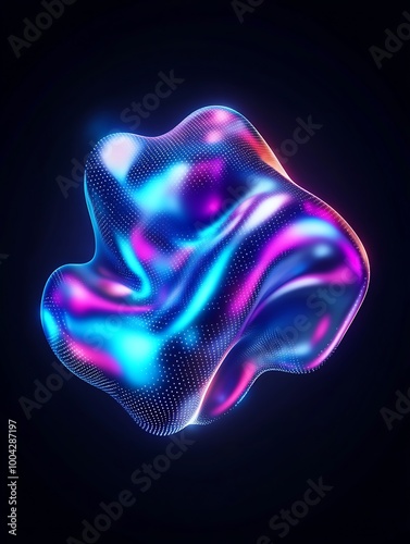 Abstract multicolored shape with fluid design on a dark background. A minimalist poster in metallic and chrome gradient style.