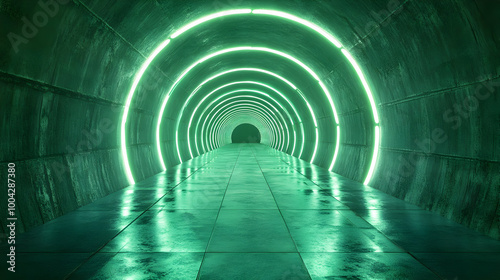 Green Neon Lights Tunnel 3D Render