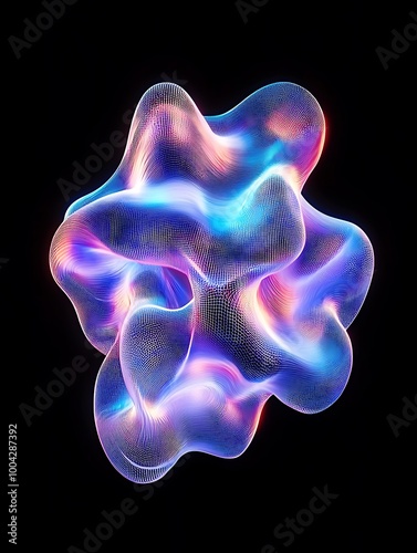 Abstract organic shape glowing in vibrant colors, set against a black background. A minimalist poster in metallic and chrome gradient style.