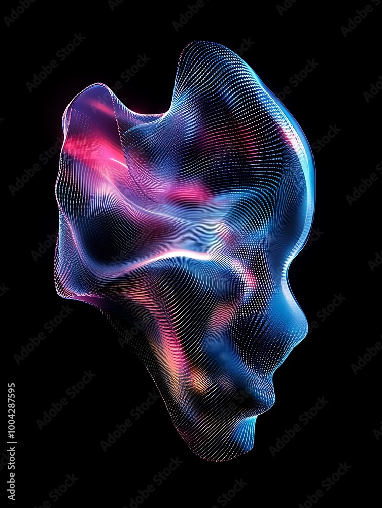 Abstract representation of a face with colorful flowing lines against a black background. A minimalist poster in metallic and chrome gradient style. Abstract representation of a face with colorful flowing lines against a black background. A minimalist poster in metallic and chrome gradient style.