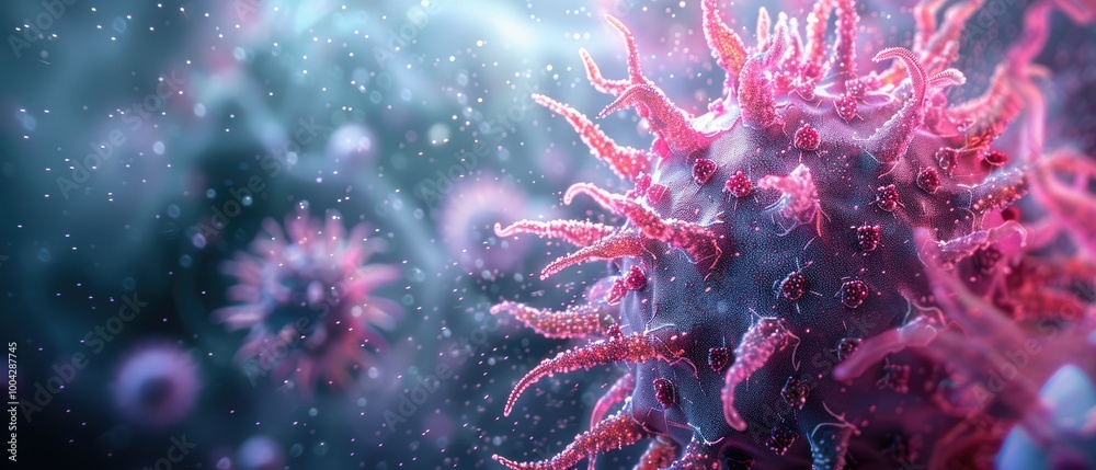 Obraz premium Abstract pink and blue spiky shapes with a blurry background.