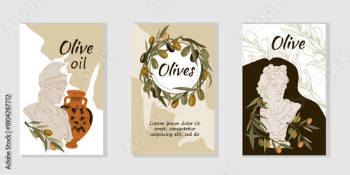 Labels for olive oil and marinated olive products, hand drawn vector illustration.
