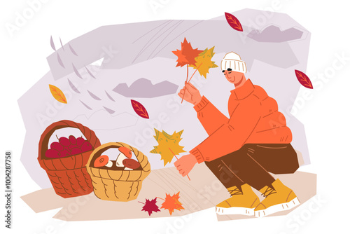 A man in the forest collects mushrooms and autumn leaves, flat vector illustration isolated on white. Autumn banner or poster backdrop.