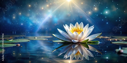 Macro water lily floating on starlit lake with lush foliage and celestial reflections photo