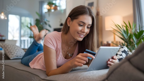 Free Download Happy woman on the couch shopping online at home in the living room. Happy young woman shopping online through digital tablet using credit card at home - GFXLoad