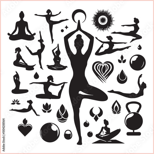 Big set of silhouettes of woman doing yoga exercises. Icons of girl stretching and relaxing her body in many different yoga poses on white background