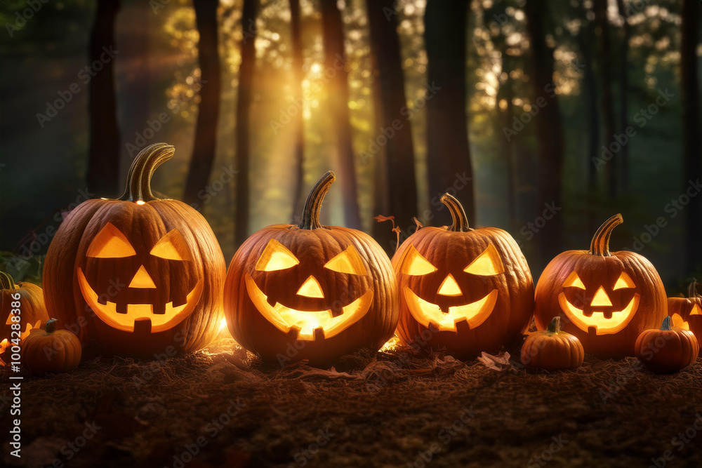 Glowing Jack-O'-Lantern Pumpkins in Forest at Sunset – Halloween Pumpkin Art Glowing Jack-O'-Lantern Pumpkins in Forest at Sunset – Halloween Pumpkin Art