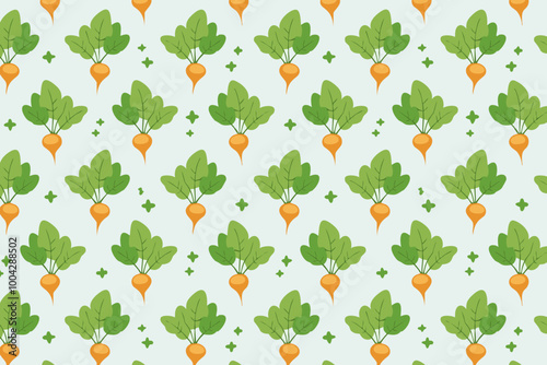 Seamless pattern with beets and leaves on a light blue background