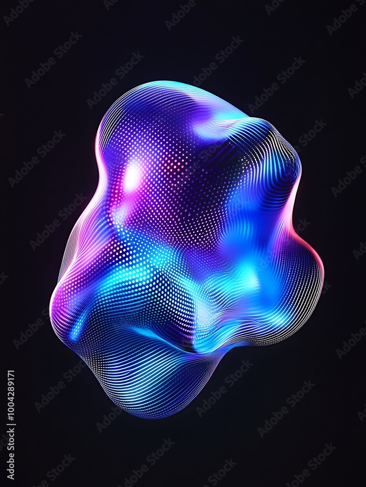 Abstract vibrant fluid shape with illuminated texture on a dark background. A minimalist poster in metallic and chrome gradient style. Abstract vibrant fluid shape with illuminated texture on a dark background. A minimalist poster in metallic and chrome gradient style.