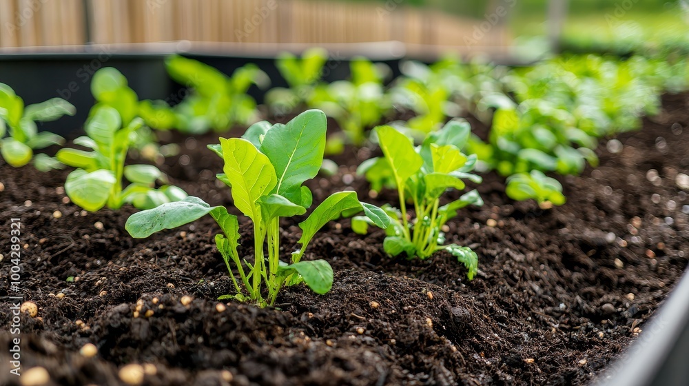 Fresh green seedlings growing in rich soil, nourishing environment. Fresh green seedlings growing in rich soil, nourishing environment.