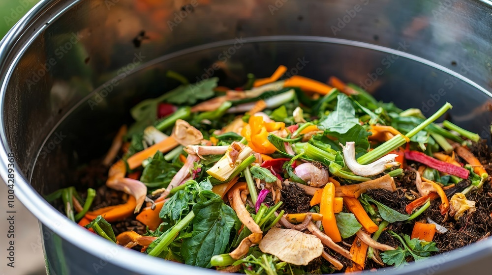 Fresh vegetable scraps in a compost bin for eco-friendly waste management. Fresh vegetable scraps in a compost bin for eco-friendly waste management.