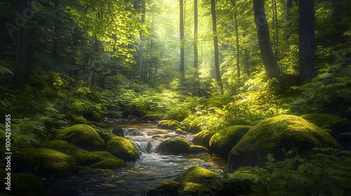 Tranquil forest clearing with sunlight filtering through the lush foliage moss covered rocks and a babbling brook creating a serene impressionist style atmosphere with a soft