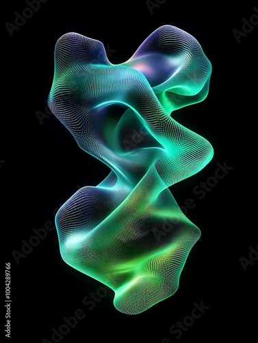 Abstract vibrant wave shape with intricate lines in gradients of green and blue on a black background. A minimalist poster in metallic and chrome gradient style.