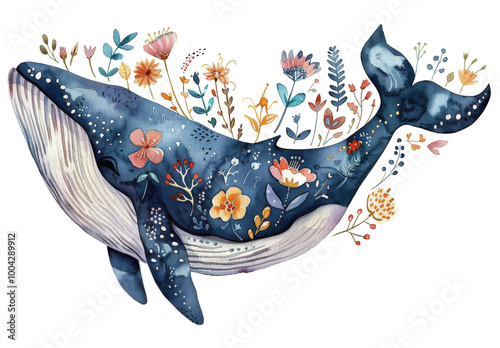 Whale Swimming Among Flowers