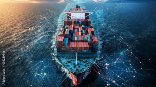 A large cargo ship filled with colorful containers sails through the ocean, showcasing digital connectivity and logistics in maritime transport.