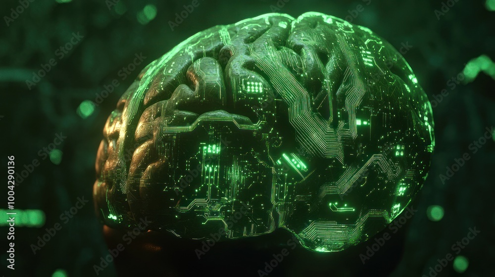 Obraz premium Side view of a brain with green circuitry glowing bright