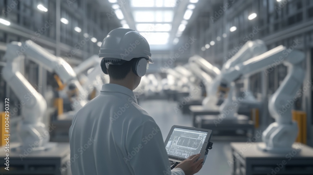 A technician supervises robotic arms in a modern factory, using a tablet to monitor operations and ensure efficiency in automation. A technician supervises robotic arms in a modern factory, using a tablet to monitor operations and ensure efficiency in automation.