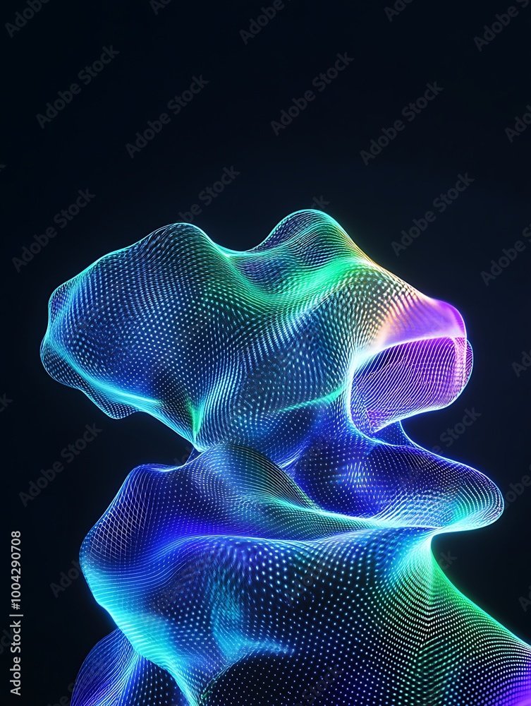 Fototapeta premium Abstract wave design with vibrant neon colors on a dark background. A minimalist poster in metallic and chrome gradient style.