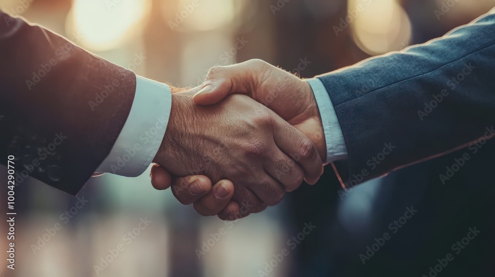Two business professionals engage in a firm handshake, symbolizing a successful agreement or partnership. The background shows a vibrant urban environment with soft sunlight Two business professionals engage in a firm handshake, symbolizing a successful agreement or partnership. The background shows a vibrant urban environment with soft sunlight
