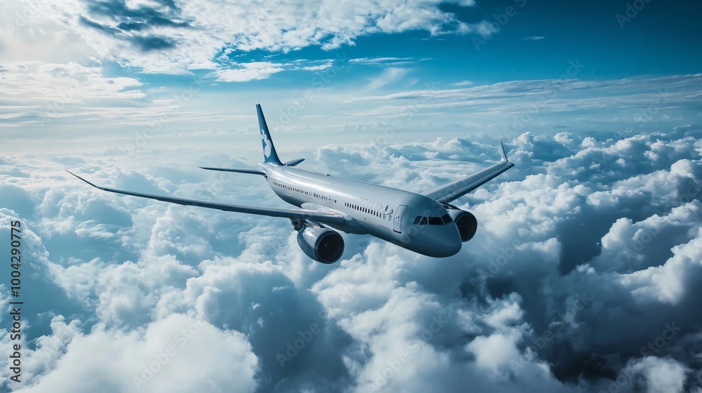 Passenger jet soaring through fluffy clouds on a clear day Passenger jet soaring through fluffy clouds on a clear day