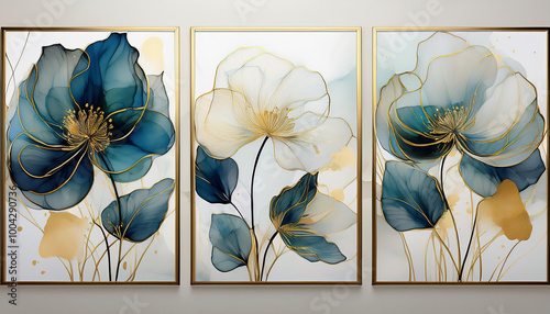 Set of abstract watercolor canvas artworks with gold and blue poppies.